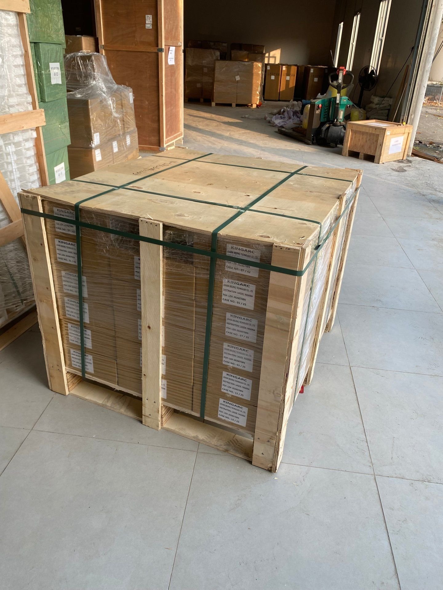Export crate packed and strapped for container loading